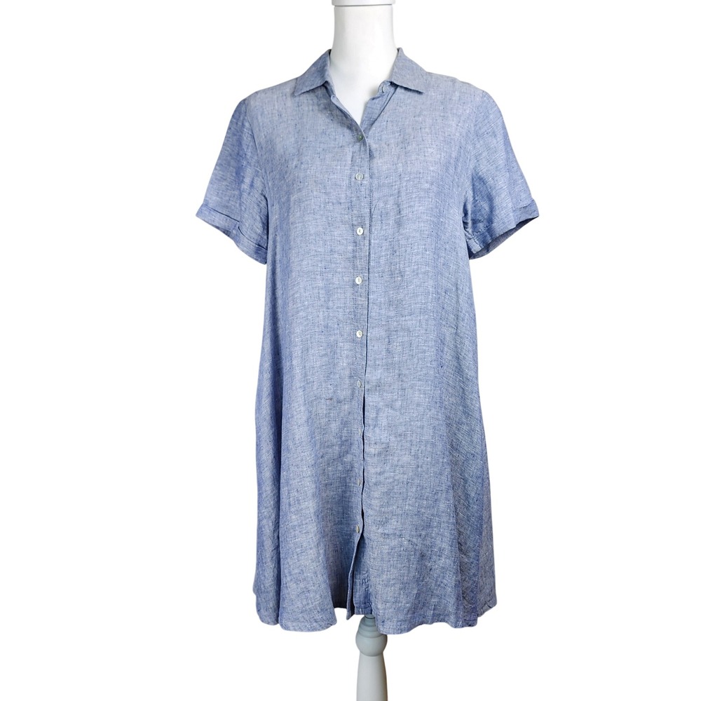 Artisan NY Linen Shirt Dress‎ Womens Small Blue Button Front Pockets Casual Cool